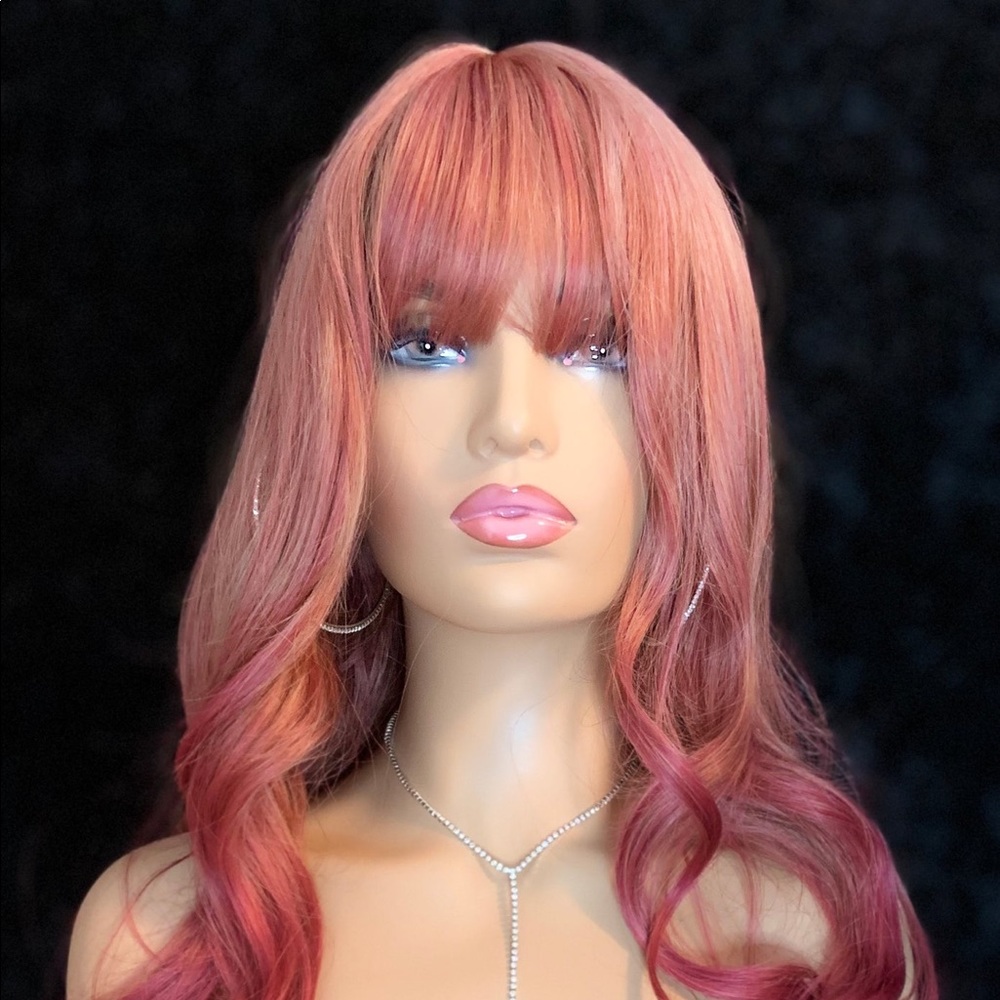 “Put On & Go” Pink Coral Synthetic Wig w Bangs for Events - NO FURTHER DISCOUNT🌷